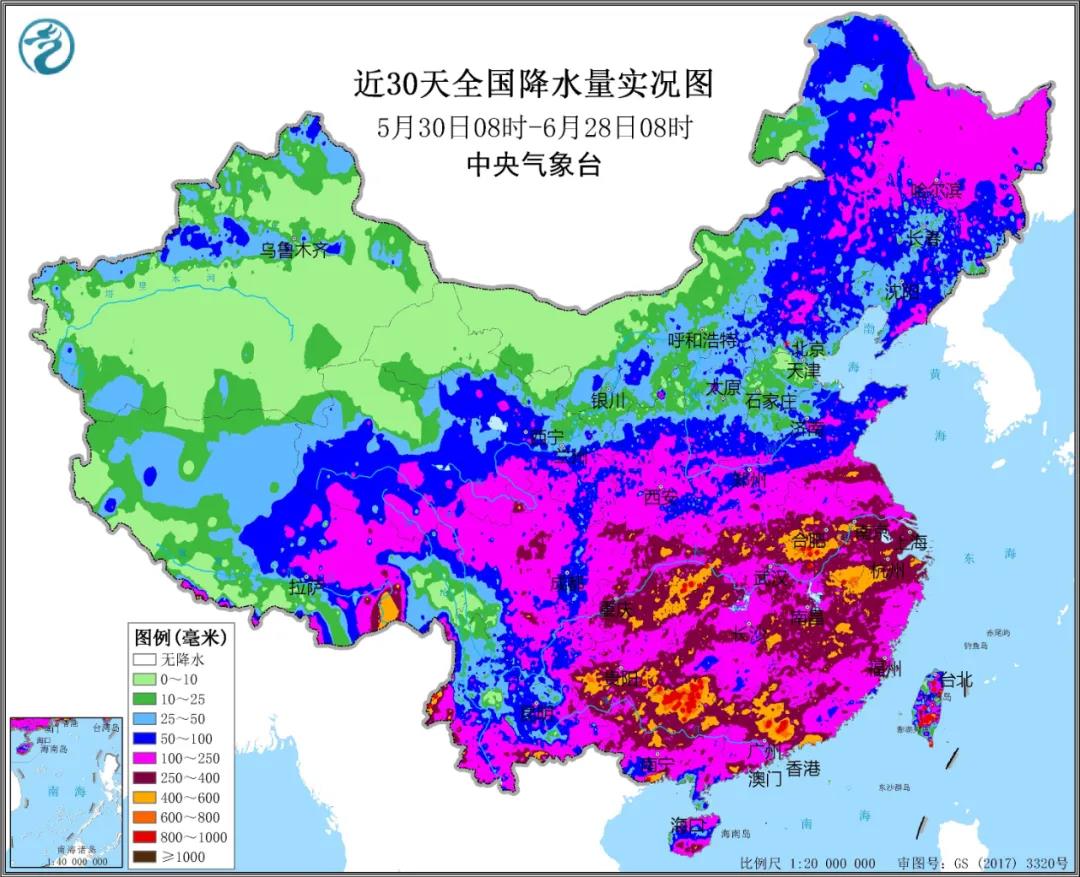 ▲圖為近30天全國降水實況圖。來源：中央氣象臺