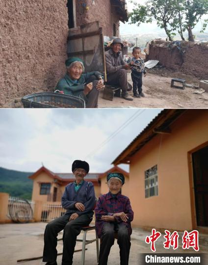 上圖為甲甲溝村村民羅木你坡夫婦所住的舊房，下圖為夫婦倆遷入的新居。(拼版圖) 張浪 攝